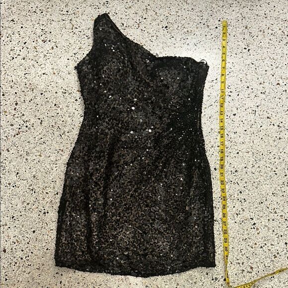 SCALA one shoulder black silk sequin mini cocktail dress side zip 6 - Picture 3 of 7